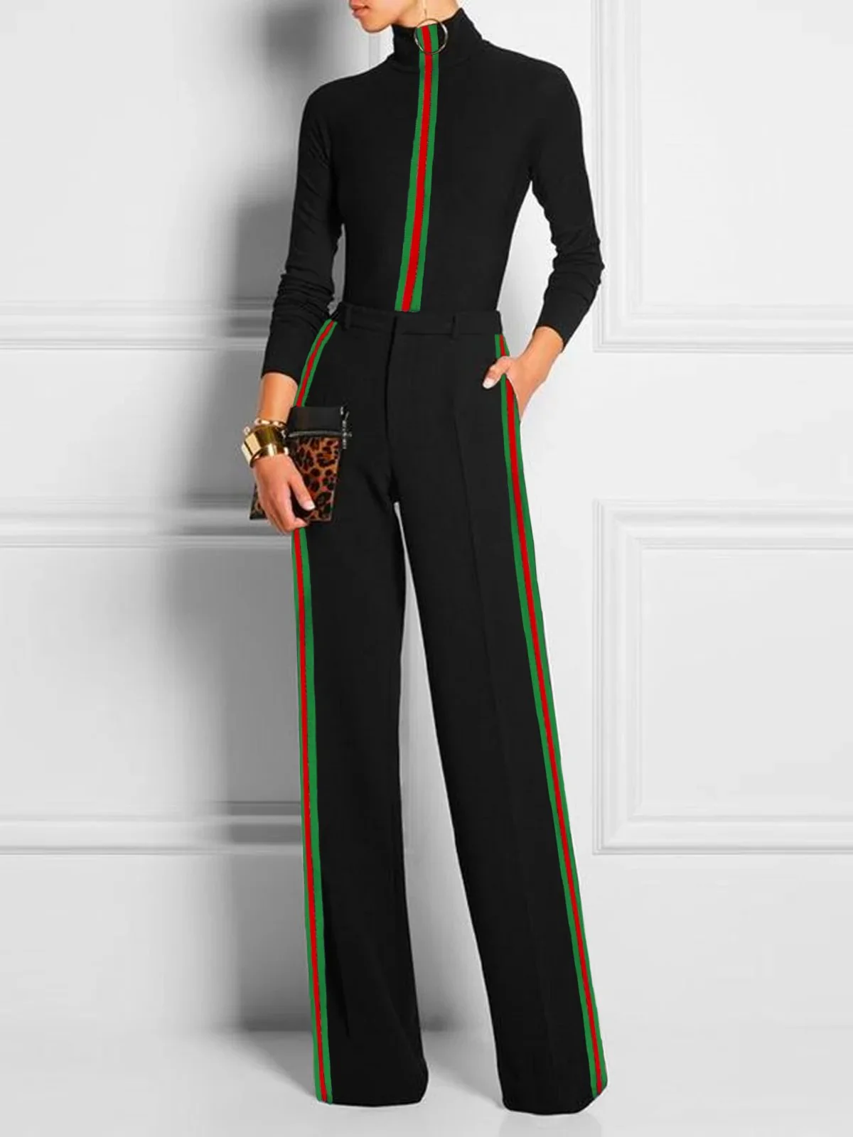 Long Sleeves Skinny Contrast Color Striped Casual Pants Bottoms Pants Trousers - Image 2