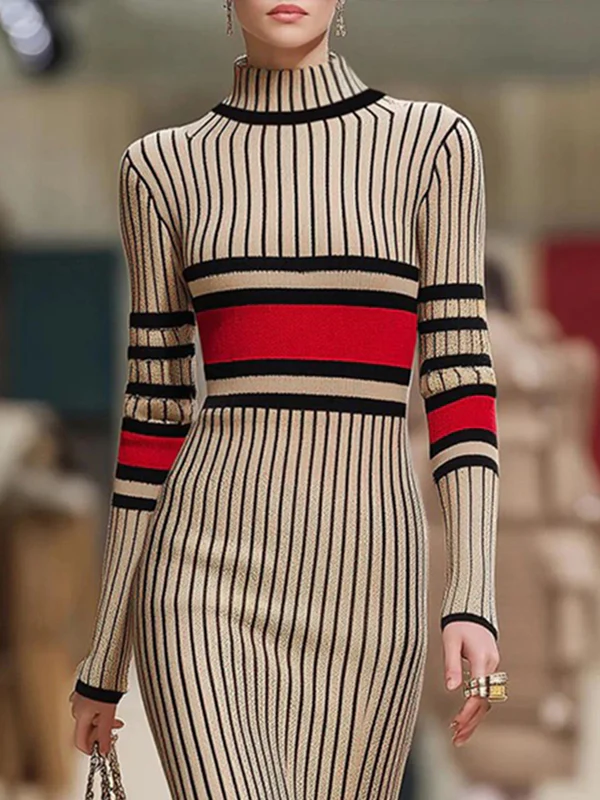 Long Sleeves Skinny Contrast Color Striped High Neck Midi Dresses Sweater Dresses - Image 2
