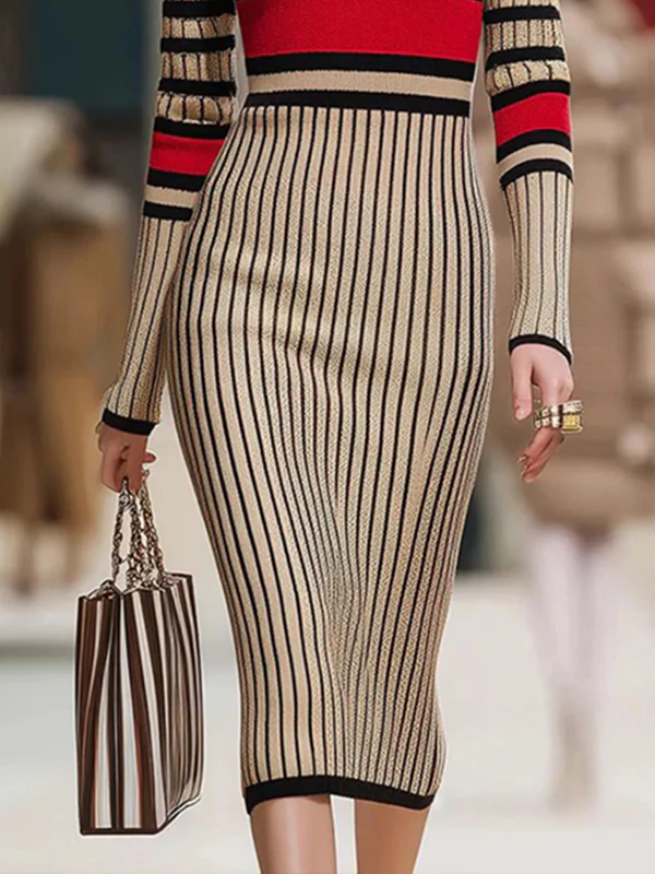 Long Sleeves Skinny Contrast Color Striped High Neck Midi Dresses Sweater Dresses - Image 3