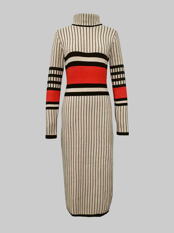 Long Sleeves Skinny Contrast Color Striped High Neck Midi Dresses Sweater Dresses - Image 4
