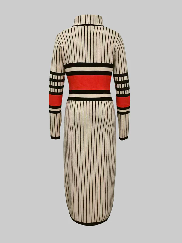 Long Sleeves Skinny Contrast Color Striped High Neck Midi Dresses Sweater Dresses - Image 5
