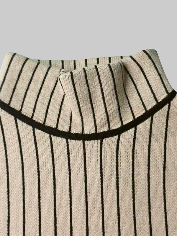 Long Sleeves Skinny Contrast Color Striped High Neck Midi Dresses Sweater Dresses - Image 6