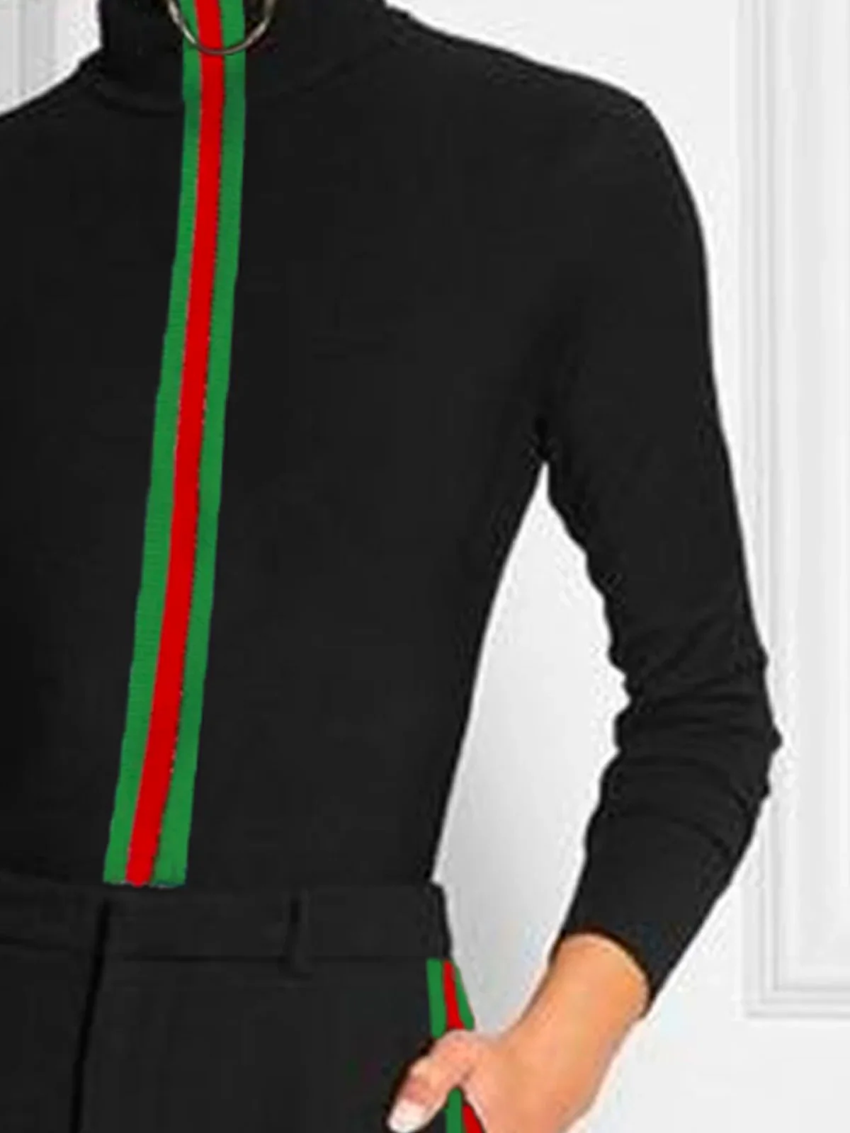 Long Sleeves Skinny Contrast Color Striped High Neck T-Shirts Tops - Image 3