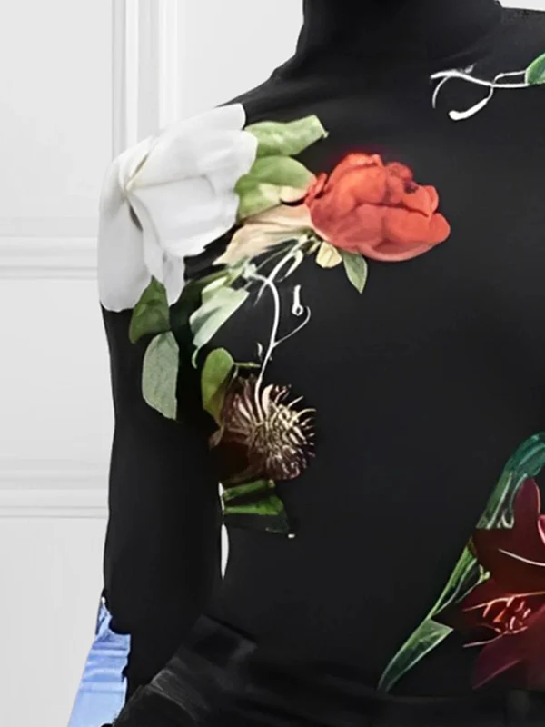 Long Sleeves Skinny Floral Printed Split-Joint High Neck T-shirts - Image 2