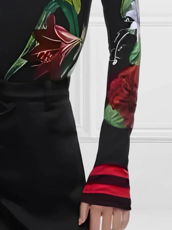 Long Sleeves Skinny Floral Printed Split-Joint High Neck T-shirts - Image 3