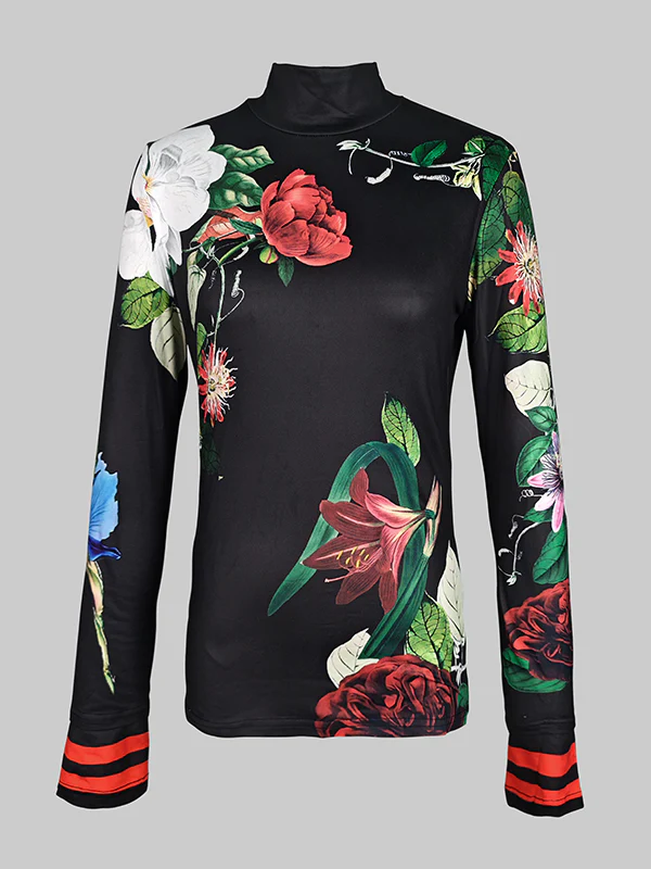 Long Sleeves Skinny Floral Printed Split-Joint High Neck T-shirts - Image 4