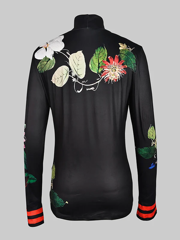 Long Sleeves Skinny Floral Printed Split-Joint High Neck T-shirts - Image 5
