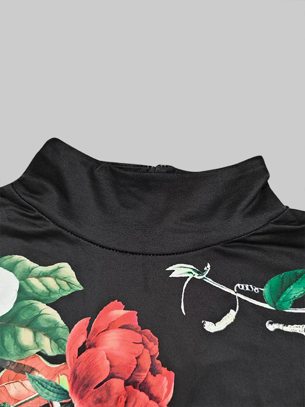 Long Sleeves Skinny Floral Printed Split-Joint High Neck T-shirts - Image 6