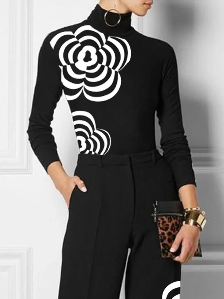 Long Sleeves Skinny Flower Print High Neck T-Shirts Tops - Image 2