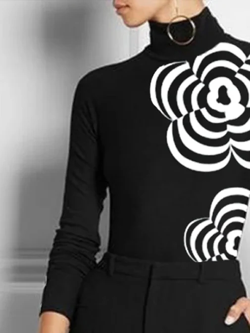 Long Sleeves Skinny Flower Print High Neck T-Shirts Tops - Image 4