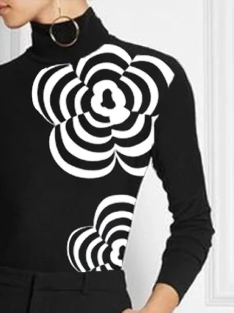 Long Sleeves Skinny Flower Print High Neck T-Shirts Tops - Image 5