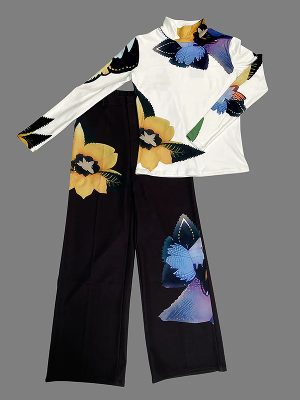 Long Sleeves Skinny Flower Print High Neck T-Shirts Tops - Image 10