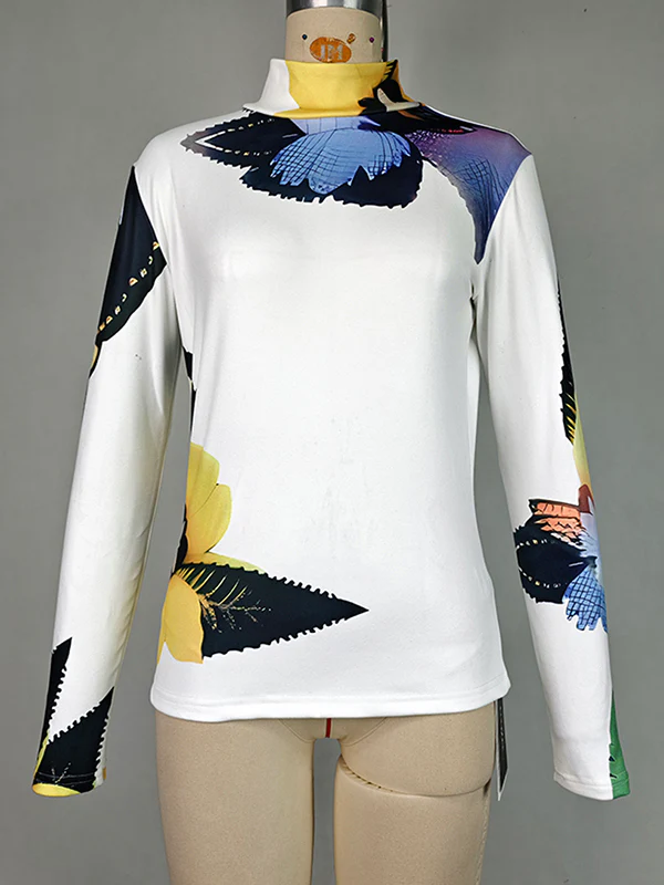 Long Sleeves Skinny Flower Print High Neck T-Shirts Tops - Image 11