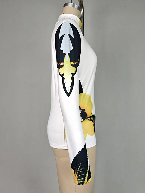 Long Sleeves Skinny Flower Print High Neck T-Shirts Tops - Image 12