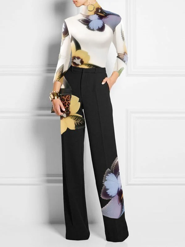 Long Sleeves Skinny Flower Print High Neck T-Shirts Tops - Image 2