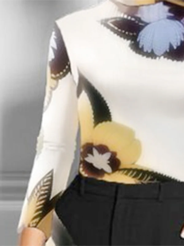 Long Sleeves Skinny Flower Print High Neck T-Shirts Tops - Image 3