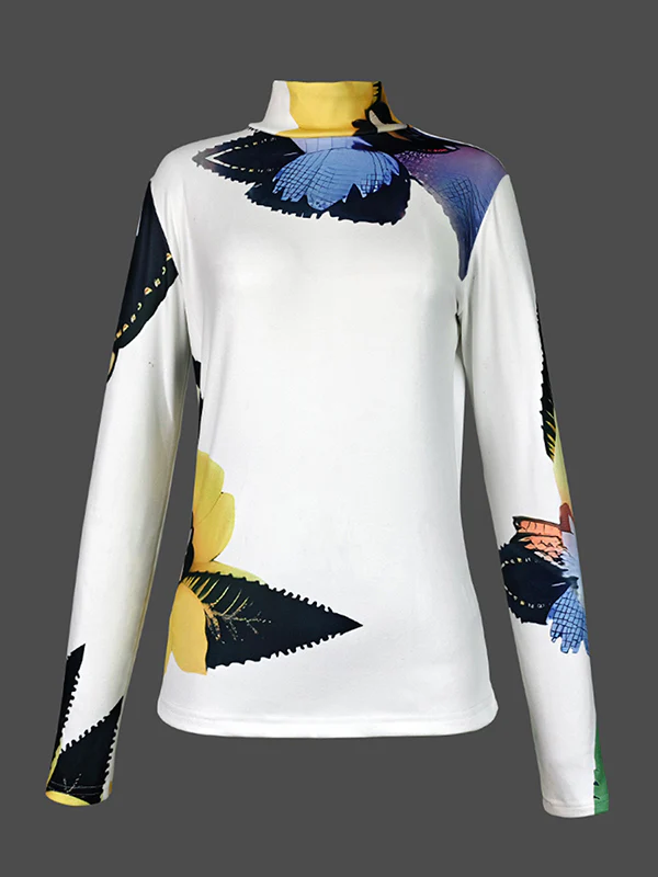 Long Sleeves Skinny Flower Print High Neck T-Shirts Tops - Image 4