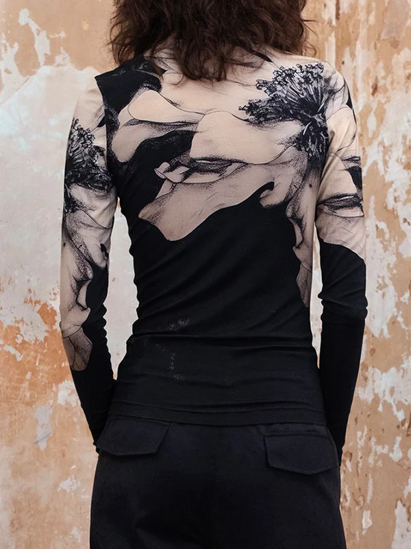 Long Sleeves Skinny Flower Print Mock Neck T-Shirts Tops - Image 2