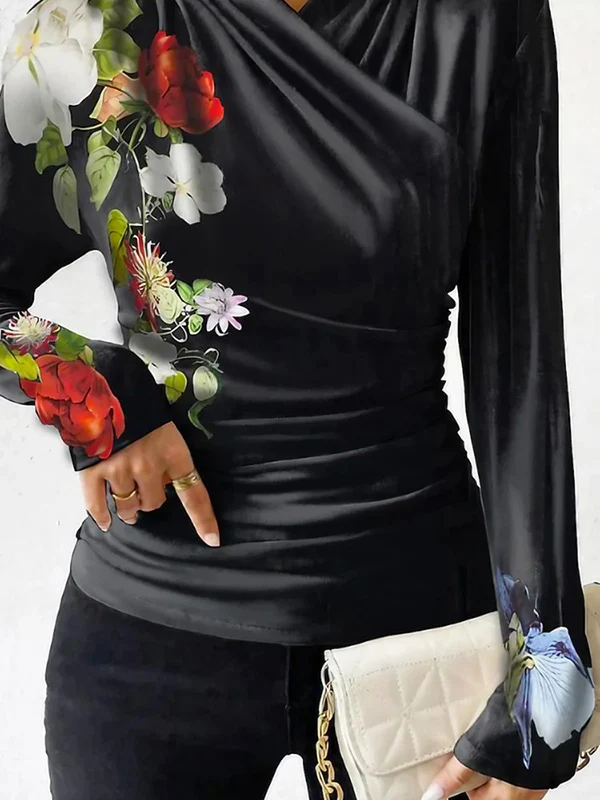 Long Sleeves Skinny Flower Print Pleated Split-Joint V-neck T-Shirts Tops - Image 3