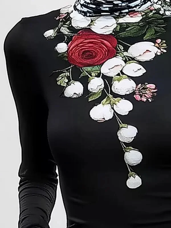 Long Sleeves Skinny Flower Print Split-Joint High Neck T-Shirts Tops - Image 2