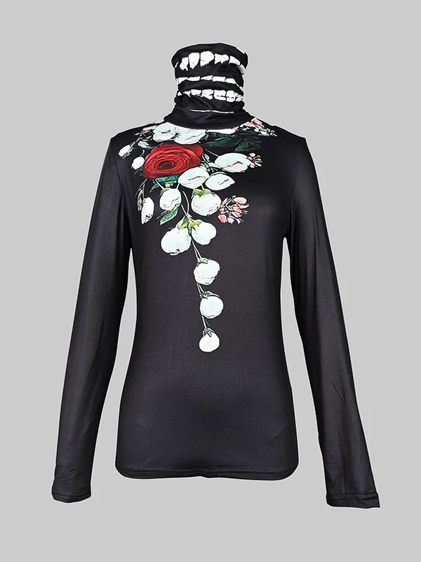 Long Sleeves Skinny Flower Print Split-Joint High Neck T-Shirts Tops - Image 3