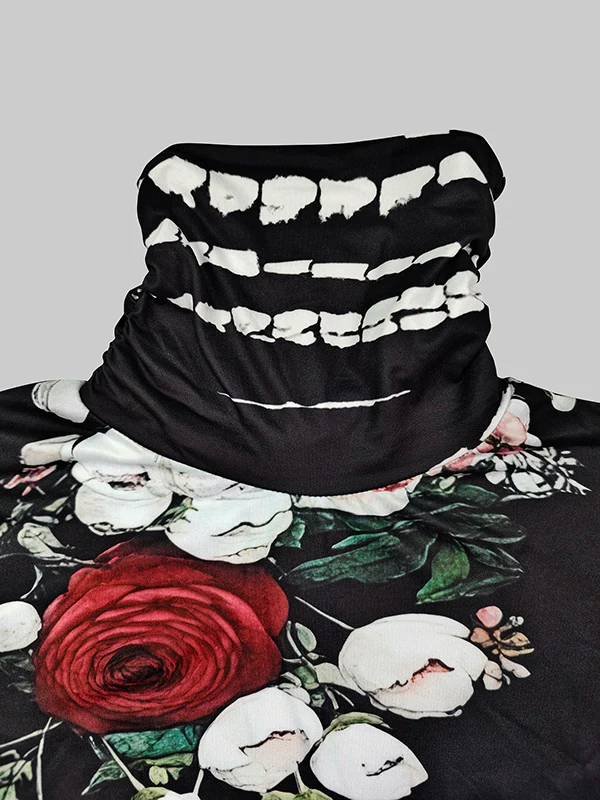 Long Sleeves Skinny Flower Print Split-Joint High Neck T-Shirts Tops - Image 6