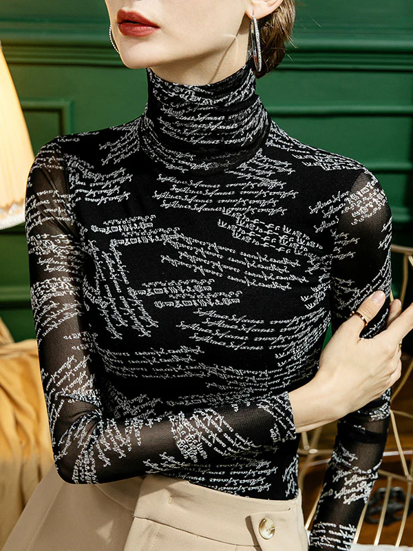 Long Sleeves Skinny Gauze Letter Print High-Neck T-Shirts - Image 4