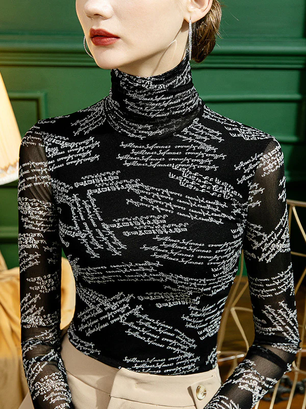 Long Sleeves Skinny Gauze Letter Print High-Neck T-Shirts - Image 5