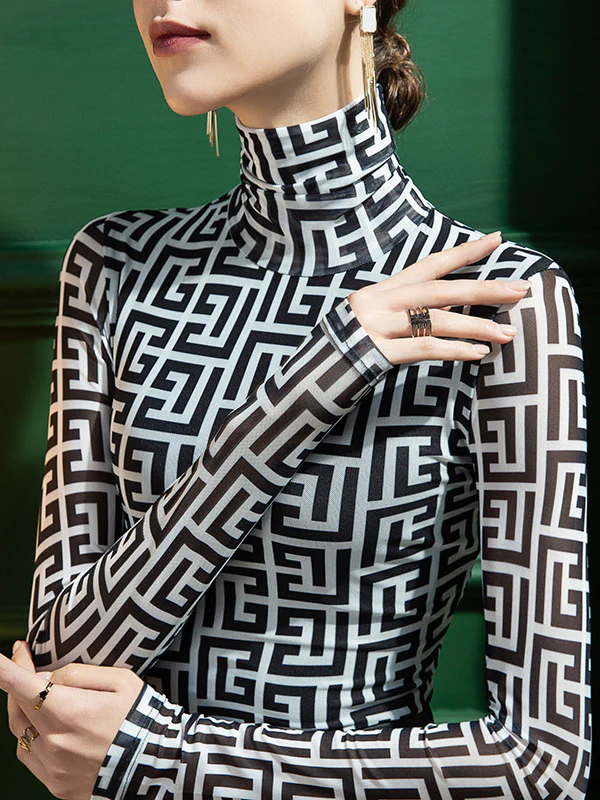 Long Sleeves Skinny Gauze Printed High-Neck T-Shirts - Image 3