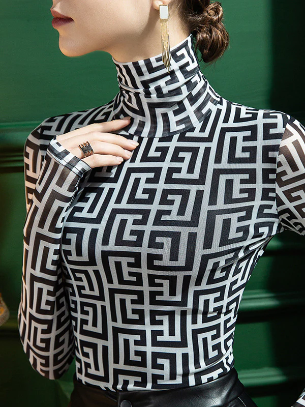 Long Sleeves Skinny Gauze Printed High-Neck T-Shirts - Image 4