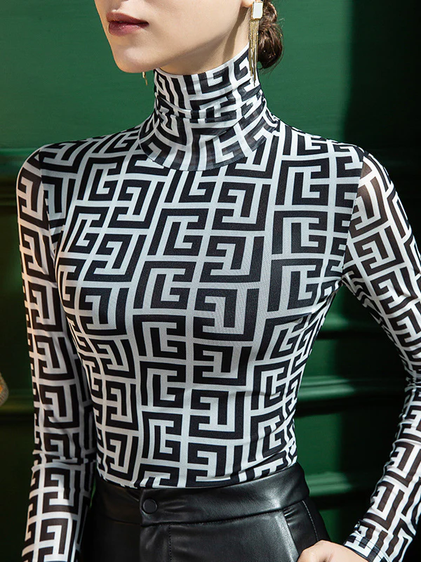 Long Sleeves Skinny Gauze Printed High-Neck T-Shirts - Image 5