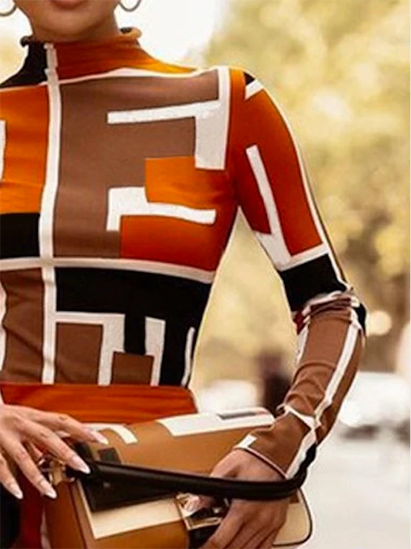 Long Sleeves Skinny Geometric Printed High Neck T-Shirts Tops - Image 3