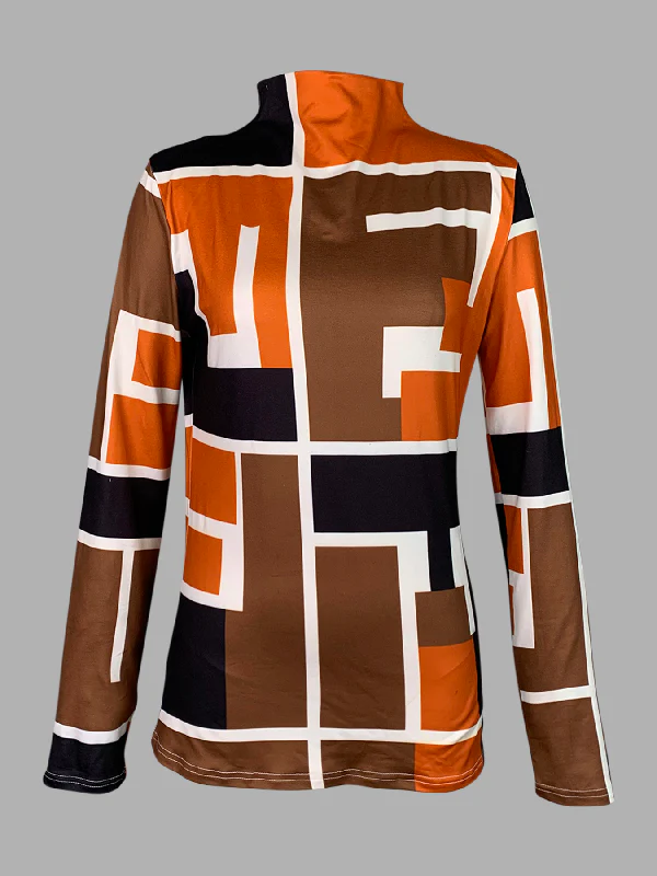 Long Sleeves Skinny Geometric Printed High Neck T-Shirts Tops - Image 4