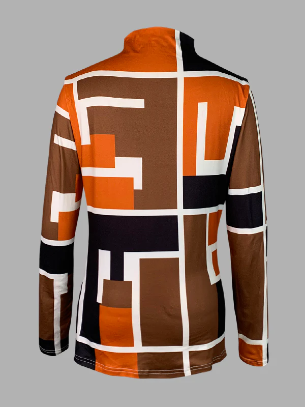 Long Sleeves Skinny Geometric Printed High Neck T-Shirts Tops - Image 5