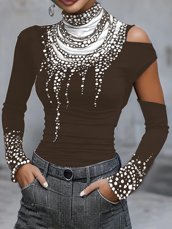 Long Sleeves Skinny Hollow Printed High Neck T-Shirts Tops - Image 2