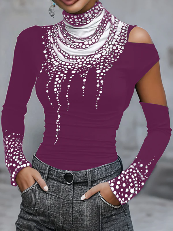 Long Sleeves Skinny Hollow Printed High Neck T-Shirts Tops - Image 3