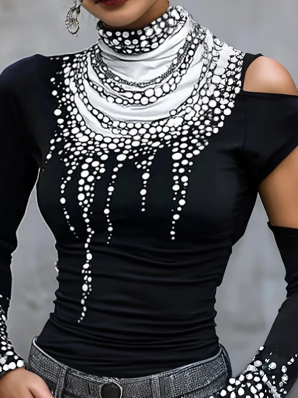 Long Sleeves Skinny Hollow Printed High Neck T-Shirts Tops - Image 4