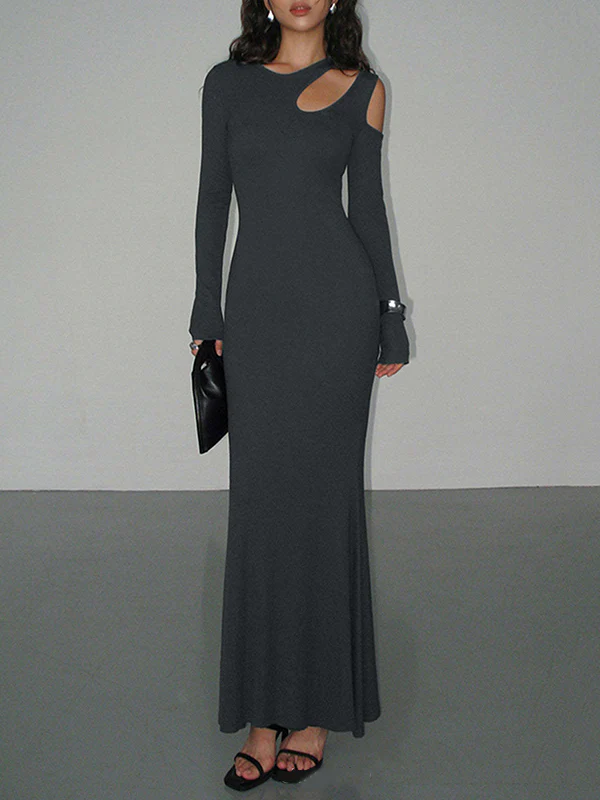 Long Sleeves Skinny Hollow Solid Color Cold Shoulder Maxi Dresses - Image 2