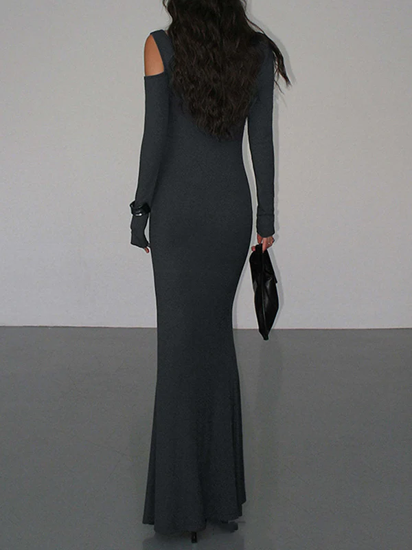 Long Sleeves Skinny Hollow Solid Color Cold Shoulder Maxi Dresses - Image 3