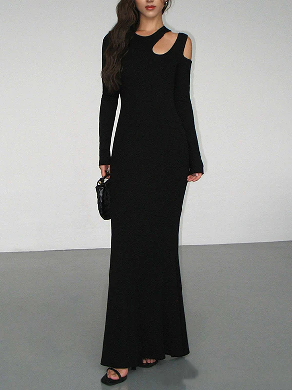 Long Sleeves Skinny Hollow Solid Color Cold Shoulder Maxi Dresses - Image 4