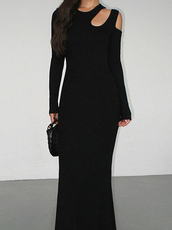 Long Sleeves Skinny Hollow Solid Color Cold Shoulder Maxi Dresses - Image 5