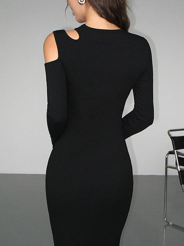 Long Sleeves Skinny Hollow Solid Color Cold Shoulder Maxi Dresses - Image 8