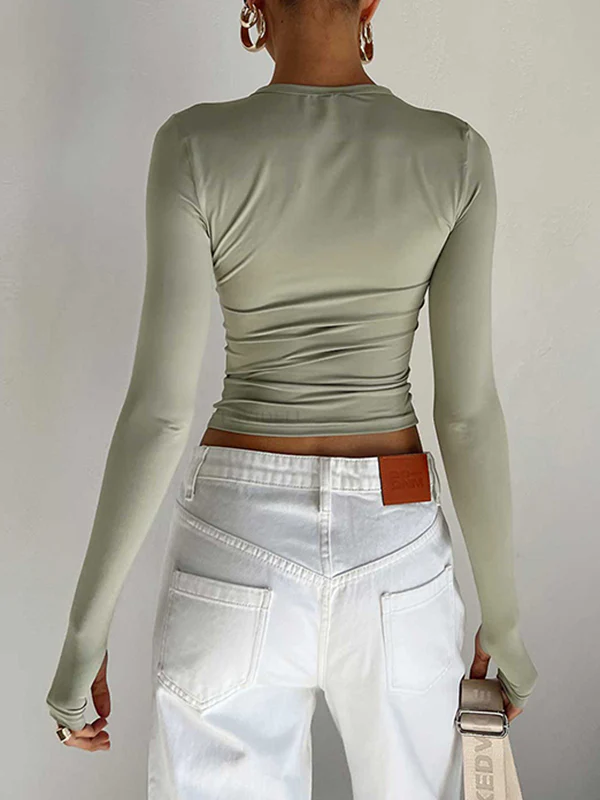 Long Sleeves Skinny Hollow Solid Color Round-Neck T-Shirts Tops - Image 10