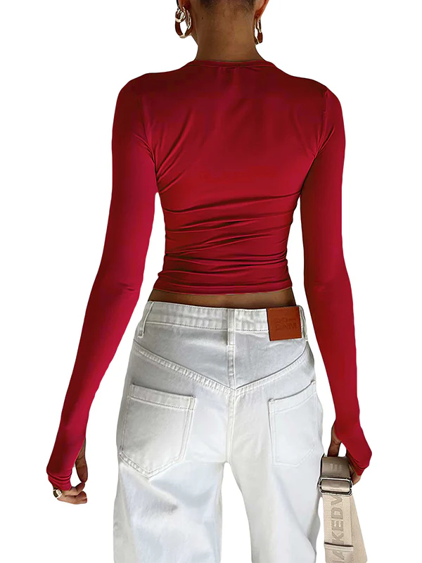 Long Sleeves Skinny Hollow Solid Color Round-Neck T-Shirts Tops - Image 12