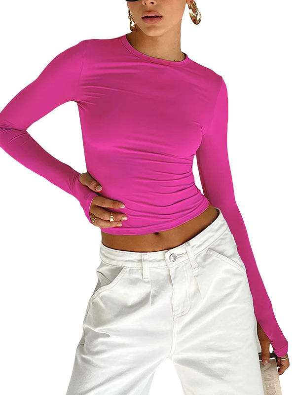 Long Sleeves Skinny Hollow Solid Color Round-Neck T-Shirts Tops - Image 15