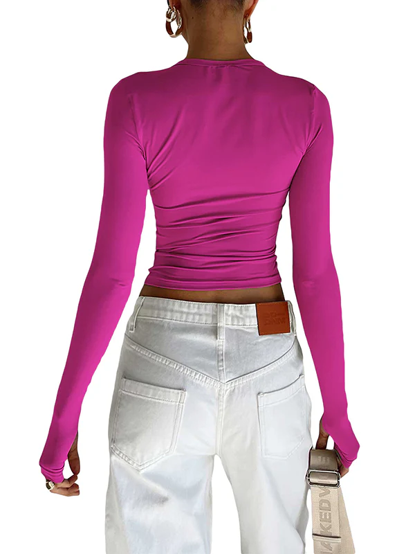 Long Sleeves Skinny Hollow Solid Color Round-Neck T-Shirts Tops - Image 16