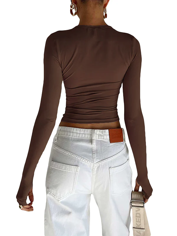 Long Sleeves Skinny Hollow Solid Color Round-Neck T-Shirts Tops - Image 17