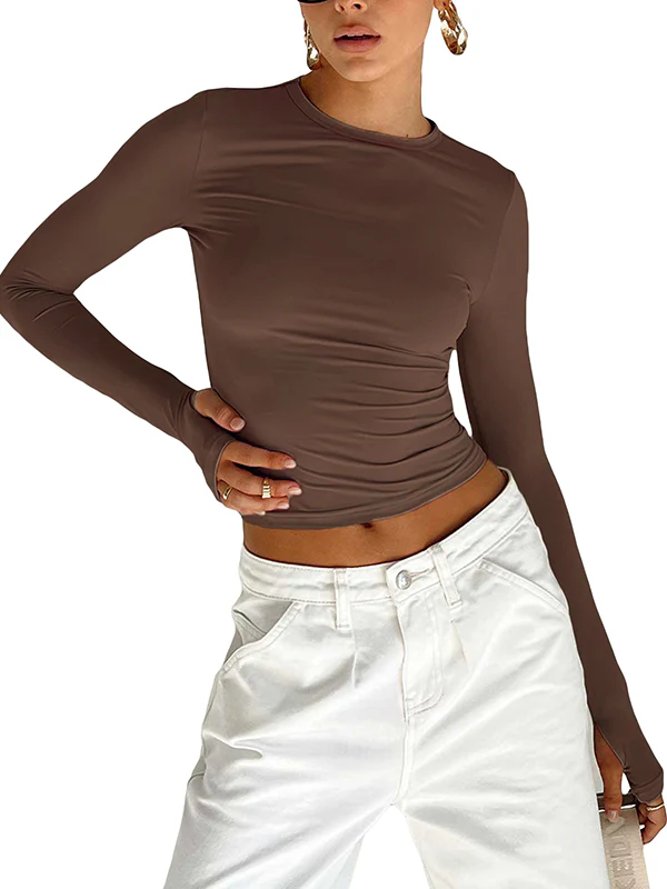 Long Sleeves Skinny Hollow Solid Color Round-Neck T-Shirts Tops - Image 18