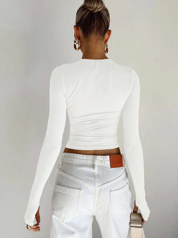 Long Sleeves Skinny Hollow Solid Color Round-Neck T-Shirts Tops - Image 19
