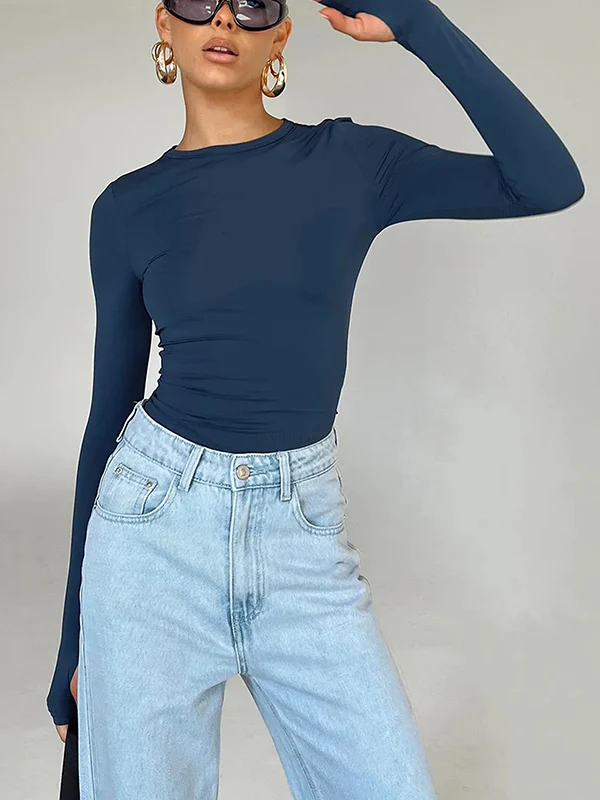 Long Sleeves Skinny Hollow Solid Color Round-Neck T-Shirts Tops - Image 2